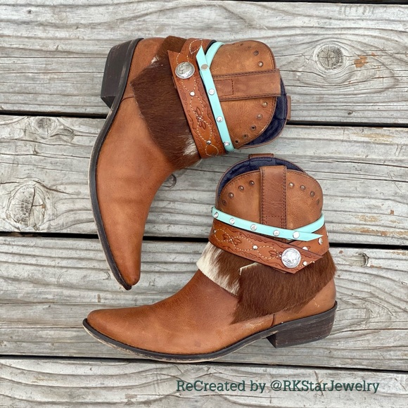 Sz 40 Saddle Tan Ankle Bootie Boots Fur Cowgirl - Picture 6 of 8